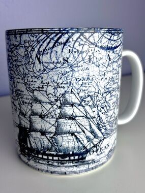 222 Fifth Due North Blue Nautical Map Ship XL Ceramic Mug in White and Navy Blue